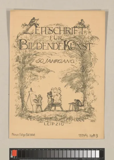 Titelprent voor 'Zeitschrift für Bildende Kunst', met drie kunstenaars aan het werk