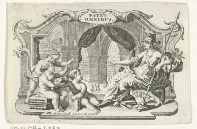 Titelvignet met bibliotheek en godin Minerva en putti met boeken