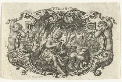 Titelvignet met Orpheus die met zijn lier wilde dieren lokt