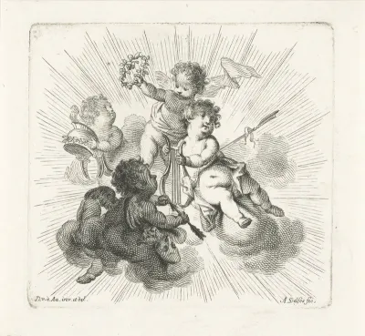 Titelvignet met vier putti met lier, bloemenkrans, helm en maskers