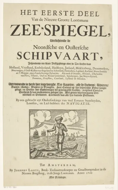 Titelvignet voor: Het eerste deel van de nieuwe groote Lootsmans zee-spiegel, verlichtende de noordsche en oostersche schipvaart, 1709