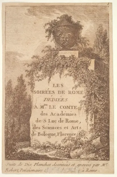 Title page: a wall in center surrounded by ruins and poplar trees, surmounted by a vase decorated with the head of a satyr, from "Les soirées de Rome"