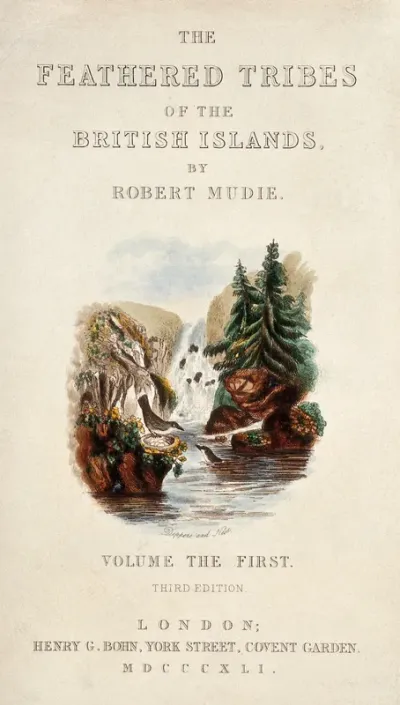 Title page adorned with two dippers and their nest by a waterfall