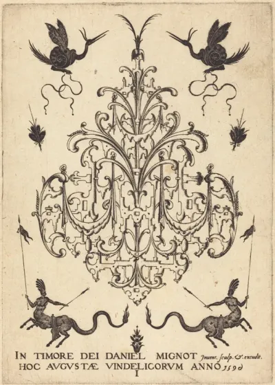 Title-Page: Brooch, Snail-like Animals  Above, Centaurs with Banners at Bottom
