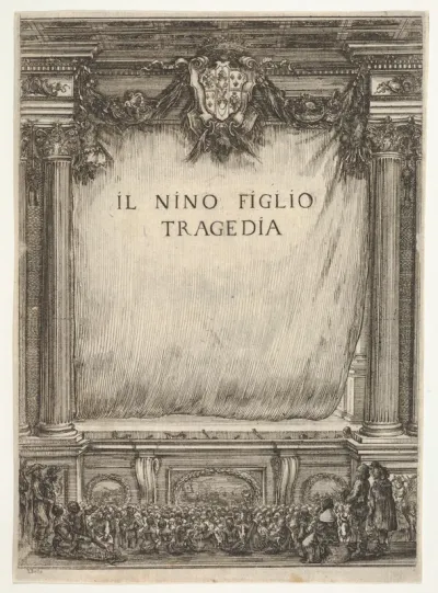 Title page for "The Child Nino" (Il Nino Figlio), a stage with the curtain drawn, the coat of arms of the duke of Modena at top center, spectators below