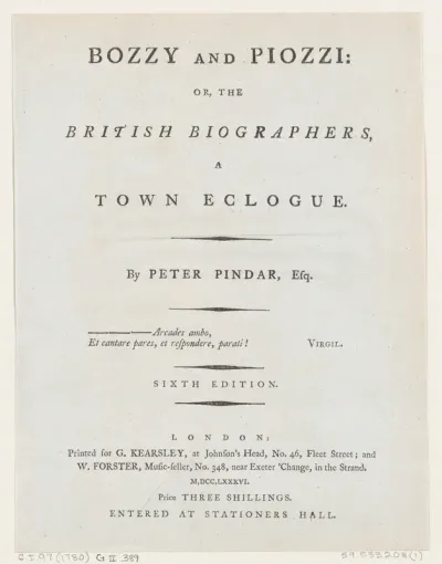 Title Page, from Bozzy and Piozzi by Peter Pindar, Esq.