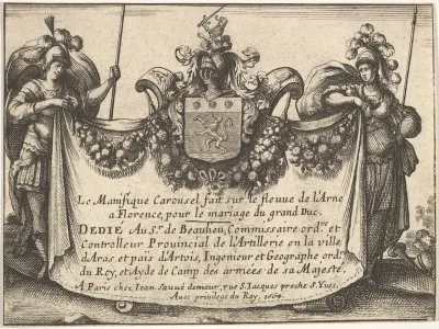 Title page from "The magnificent pageant on the Arno in Florence for the marriage of the Grand Duke" (Le Magnifique carousel fait sur le fleuve de l'Arne a Florence, pour le mariage du Grand Duc)