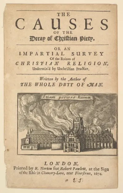 Title Page: The Causes of Decay of Christian Piety, with vignette of St. Paul's Burning, (Lex ignea)