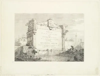 Title page with a large wall of a classical ruin, with a figure seated at right pointing to the dedication, from "Views" (Vedute altre prese da i luoghi altre ideate da Antonio Canal)