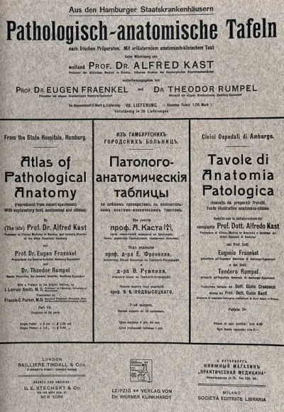 Titlepage to Alfred Kast, Pathologisch-anatomische Tafeln, including German, English, Russian and Italian publication details, in each language