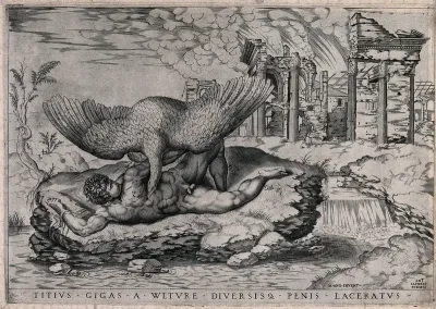 Tityos bound to a rock, his liver eaten by a vulture