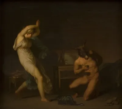 Tjenestepigen Fotis forfærdes over, at heksesalven forvandler hendes elsker Lucius til et æsel og ikke til en fugl. Motiv fra Apulejus: Det gyldne æsel