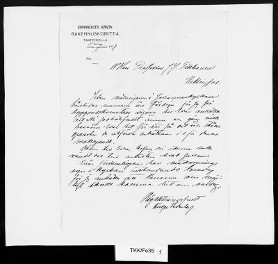 TKK/Fe35, Federley, Birger / Johanneksen kirkon rakennuskomitea, Tre, 11.05.1901