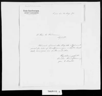 TKK/Fi113, Finska Konstföreningen, Suomen Taideyhdistys / E. Reuter, 23.08.1901