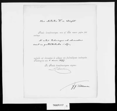 TKK/Fi117, Finska Konstföreningen, Suomen Taideyhdistys / Leo Mechelin, J.J. Tikkanen, 5.3.1897