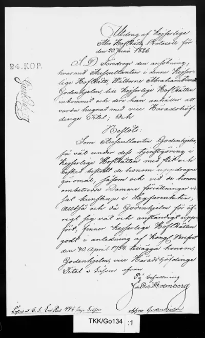 TKK/Go134, Godenhjelm, Berndt Abraham / Diverse: Varatuomarin arvon myöntämistodistus, Turun Keisarillinen hovioikeus, 20.6.1826