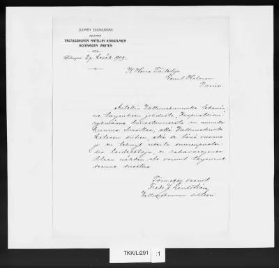 TKK/Li291, Lindström, Fredrik J. / Antellin valtuuskunta, 02.06.1909