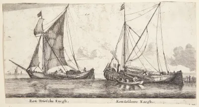 To både ved en bølgebryder. En kaag fra Frisienland og en kaag fra Gelderse