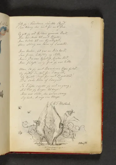 To duer med vingerne rejst, der står symmetrisk med halerne mod hinanden. Der er en ornamentranke i baggrunden. Hertil vers. Side 17