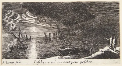 To færgebåde (steigerschuiten), i baggrunden et orlogsfartøj