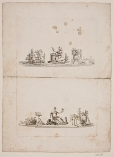 To illustrationer. Knælende kone og Amorin. Siddende dame med Amorin