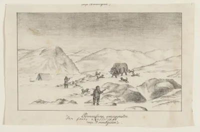 To jægere med hunde, der angriber en moskusokse ("Pernardlune umingmátoK")