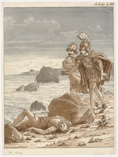 To krigere finder en mand opskyllet på stranden