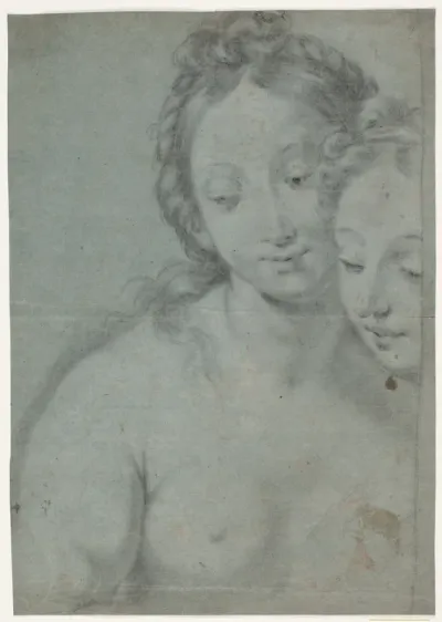 To kvindehoveder. Studier efter højre halvdel i Carlo Marattis maler: Selvportræt med Marquese Pallavicini, stourhead, National Trust, England (afb. Arte Antica e Moderna, 1961, nr. 181)