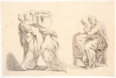 To kvinder i klassiske gevandter bærende en kurv samt en sibylle efter Michelangelo