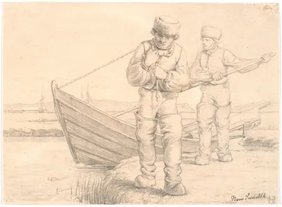 To limfjordsfiskere, der trækker en båd
