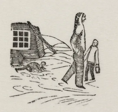 To mænd og et krybende væsen uden for en vinterbolig. Sagnmotiv?