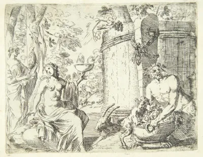 To nymfer og en satyr siddende ved et vinanker