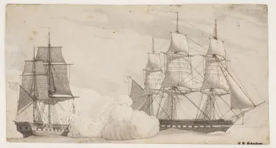 To orlogsskibe i kamp (den engelske fregat Shannon og den amerikanske fregat Chesapeak?)