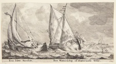 To sejlbåde i oprørt hav. En båd fra Isere og en fiskerbåd fra Zuiderzee