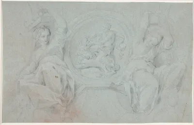 To siddende kvindefigurer omkring en medaillon med Herakles' (eller Samsons) kamp med løven