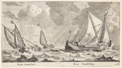 To skibe i oprørt hav. En "damschuit" og et "smalschip"