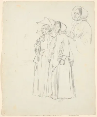 To stående damer, den ene med parasol, den anden med kysehat. F.o.t.h. studie i halv figur af sidstnævnte.