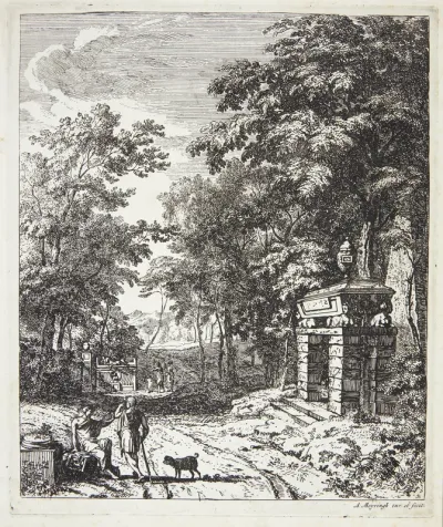 To vejfarende ved et gravmonument