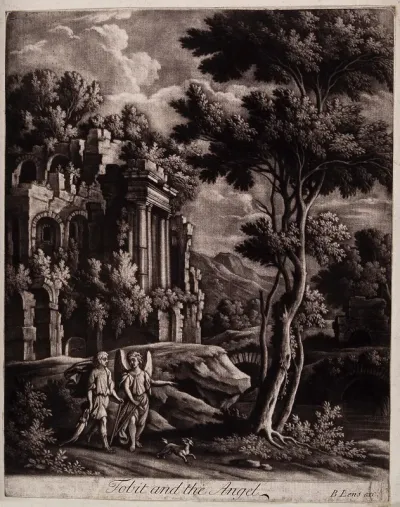 Tobias and the angel stroll through a classical landscape