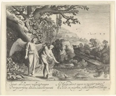 Tobias bij de vis in de rivier de Tigris