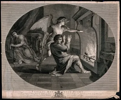 Tobias cowers back as the angel points to the fire, flames and figures appear, and Sarah watches in the background