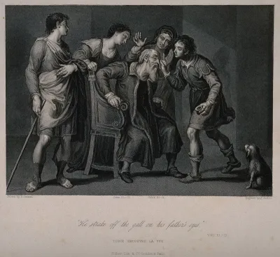 Tobias curing his father's (Tobit) eyesight three others and a dog look on