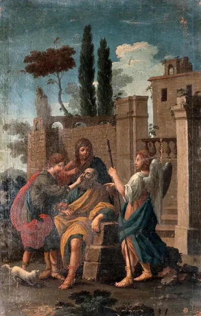 Tobias curing the blindness of Tobit, with Anna and Raphael