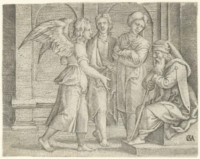 Tobias en de engel bij Tobit en Anna