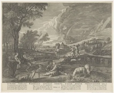 Tobias en de engel in een landschap met regenboog en herders