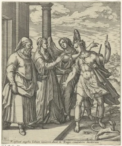 Tobias en de engel nemen afscheid van Tobit en Anna