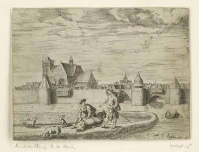 Tobias en de engel; op de achtergrond de Oude Kerk te Middelburg