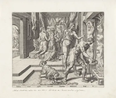 Tobias gooit de ingewanden van de vis in het vuur