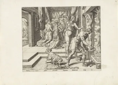 Tobias gooit de ingewanden van de vis in het vuur