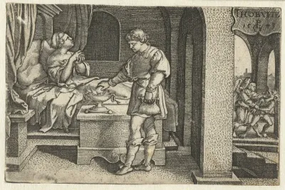 Tobias legt het hart en de lever van de vis op wierook